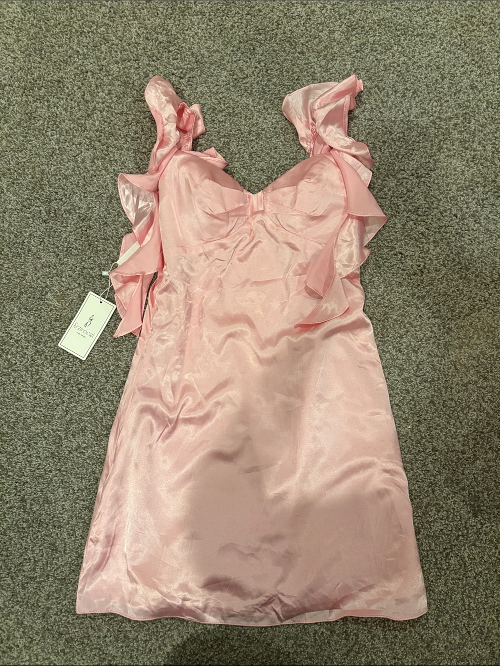Beginning Boutique inspired Rugfle Strap Pink Satin Dress